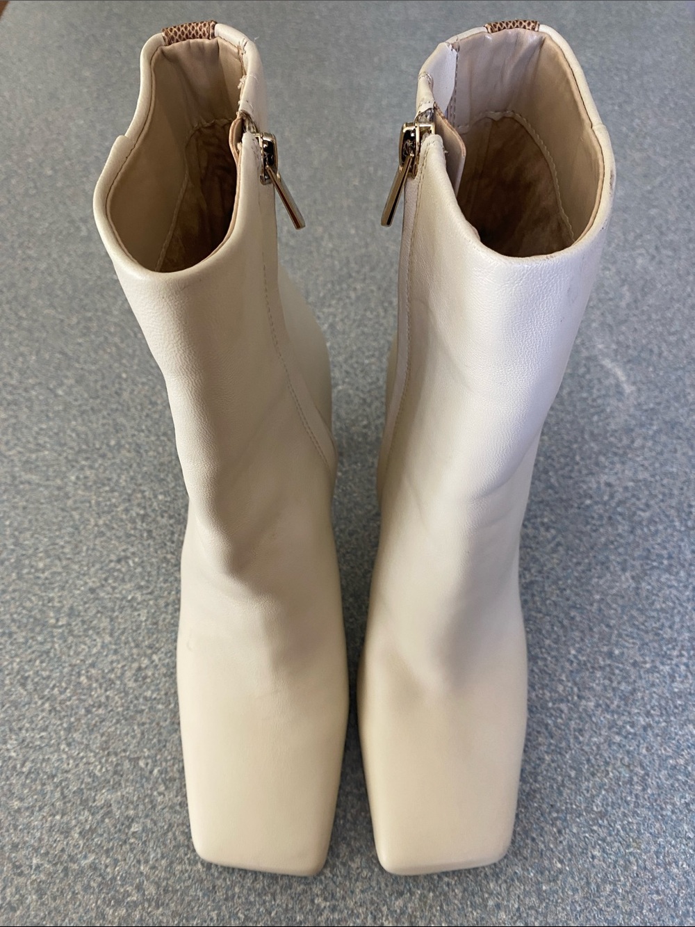 Minimalist Cream Square-Toe Ankle Booties with Side Zip